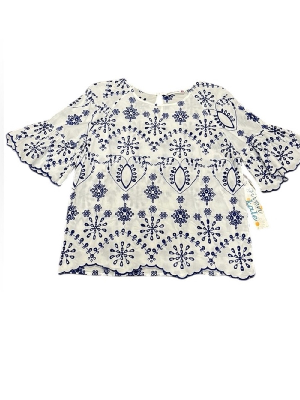 NWT Given Kale White & Blue Embroidered Eyelet Scallop Boho Blouse Size Small